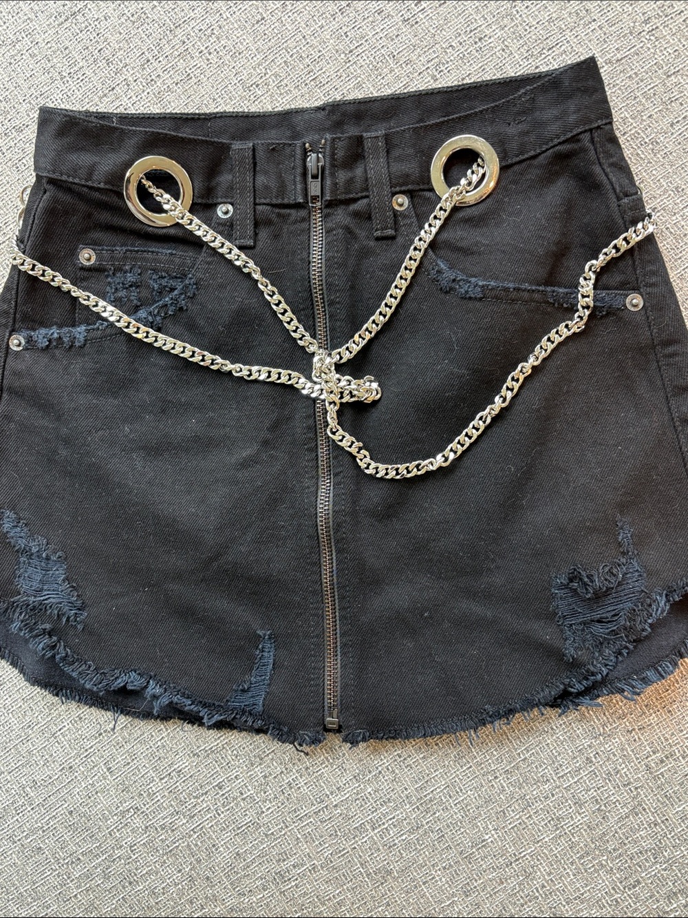 Black Distressed Carmar Denim Mini Skirt with Silver Chain Detail